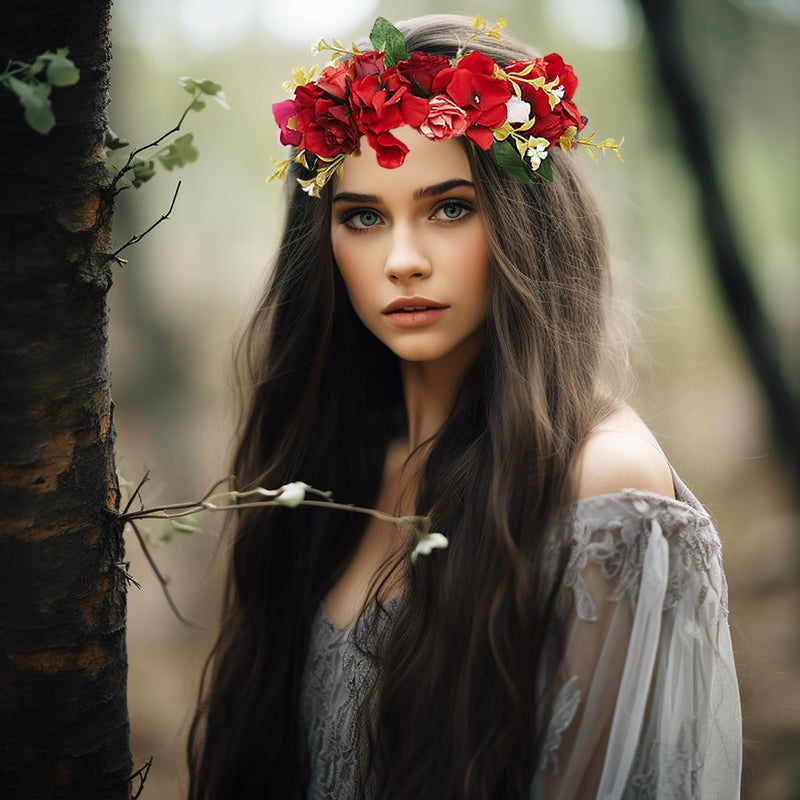 Vivivalue Rose Flower Crown Boho Flower Headband Hair Wreath Floral Headpiece Halo with Ribbon Wedding Party Festival Photos Red - Image 3